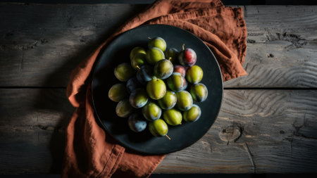 A plate of plums on a cloth with an orange napkin, AIの素材