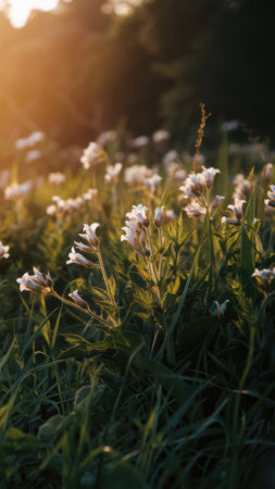 A field of white flowers with sun shining through the trees, AIの素材