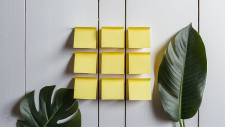 A bunch of yellow sticky notes are placed on a white wall, AIの素材