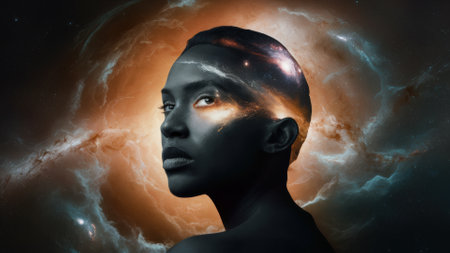 A woman with a face in the middle of space and stars, AIの素材