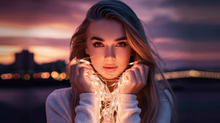 A woman with long blonde hair holding a string of lights, AIの素材