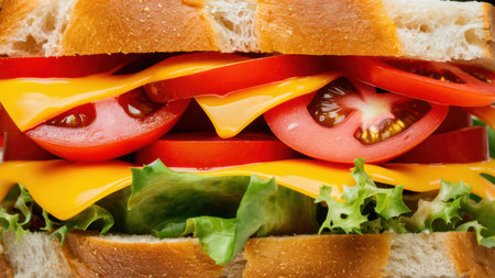 A close up of a sandwich with tomatoes, cheese and lettuce, AIの素材
