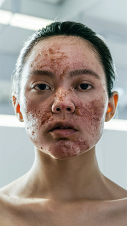 A woman with a lot of acne on her face, AIの素材