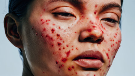 A woman with red spots on her face and neck, AIの素材