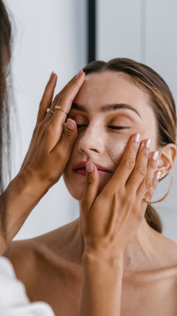 A woman getting her face done by another person, AIの素材