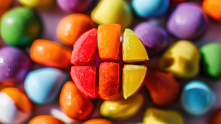 A close up of a bunch of colorful candies arranged in the shape of an apple, AIの素材