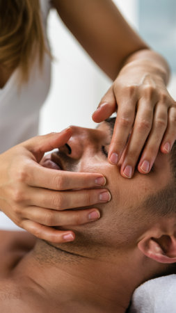 A man getting a facial massage from someone else in the room, AIの素材