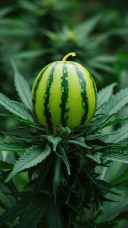 A watermelon sitting on top of a plant with leaves, AIの素材