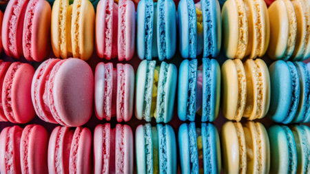 A close up of a bunch of colorful macarons stacked on top of each other, AIの素材