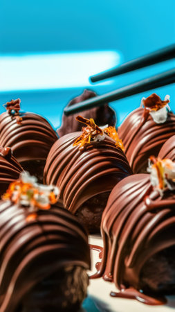 A close up of a plate with chocolate covered pastries on it, AIの素材