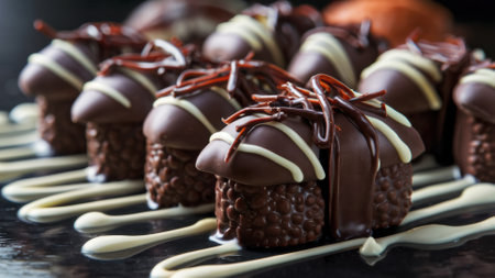 A close up of a row of chocolate covered desserts on top of each other, AIの素材