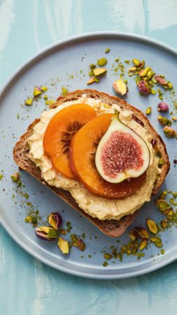A plate with a sandwich and fruit on it sitting next to some nuts, AIの素材