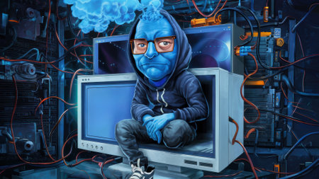 A cartoon character sitting on a computer monitor with wires and cables, AIの素材