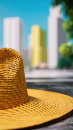 A yellow hat sitting on top of a table with city in the background, AIの素材