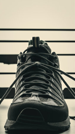 A shoe with laces tied up and sitting on a table, AIの素材