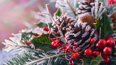 A close up of a christmas wreath with red berries and pine cones, AIの素材