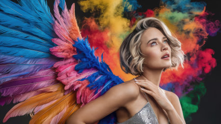 A woman with a colorful feather on her back and hair, AIの素材