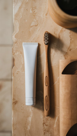 A toothbrush and tube of cream on a marble counter, AIの素材