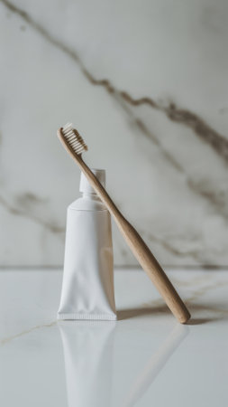 A toothbrush and tube of toothpaste on a marble counter, AIの素材