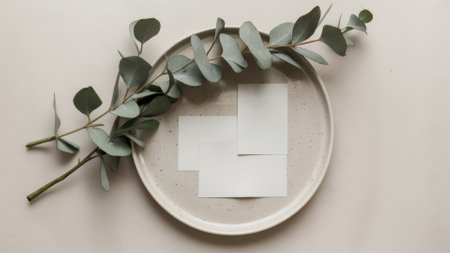 A white plate with a leaf and some paper on it, AIの素材