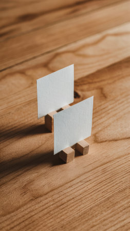 Two business cards are sitting on top of a wooden table, AIの素材