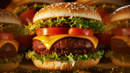 A close up of a hamburger with cheese, tomatoes and lettuce, AIの素材
