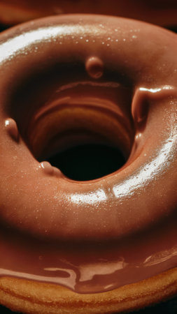 A close up of a chocolate glazed donut with some drips, AIの素材
