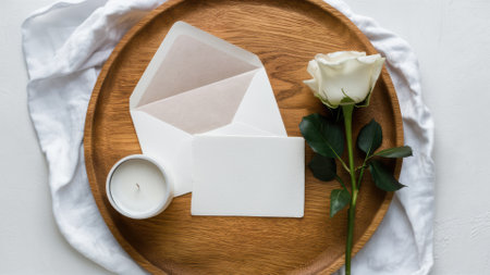 A wooden tray with a white rose and some envelopes, AIの素材