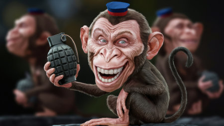 A monkey with a grenade and hat holding an object, AIの素材