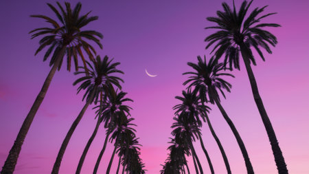 A line of palm trees with a crescent moon in the sky, AIの素材