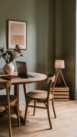 A wooden table with a laptop on it and some flowers, AIの素材