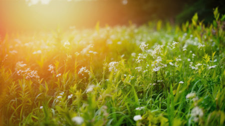 A field of grass with flowers and a bird in the background, AIの素材