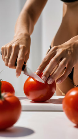 A woman cutting a tomato with a knife on top of it, AIの素材
