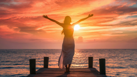 A woman standing on a dock with her arms outstretched, AIの素材