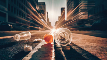 A bottle and orange on the street with a city in background, AIの素材