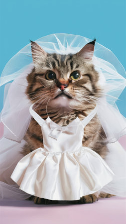 A cat wearing a wedding dress and veil on top of blue background, AIの素材