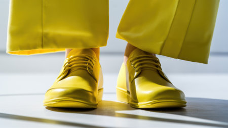 A person wearing yellow shoes and pants standing on a white floor, AIの素材