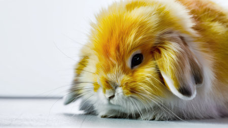 A small fluffy bunny sitting on a white surface with its eyes closed, AIの素材