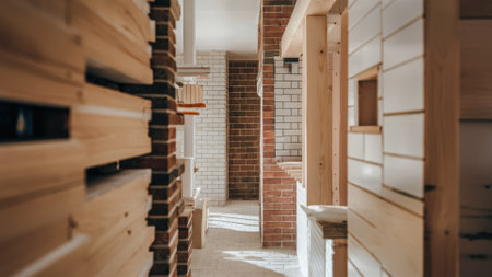 A hallway with brick walls and white tile flooring, AIの素材