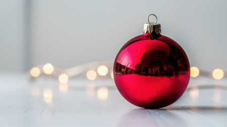 A red christmas ornament on a table with lights in the background, AIの素材