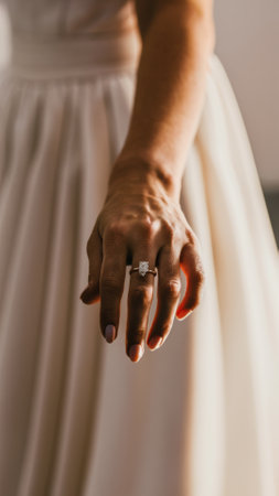 A close up of a womans hand holding her wedding ring, AIの素材