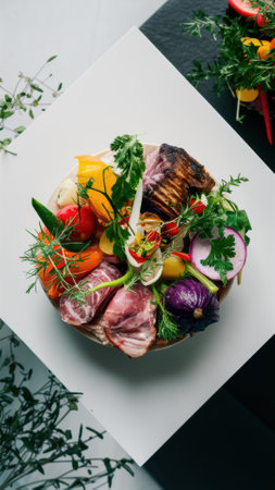 A plate of food with vegetables and meat on a white table, AIの素材