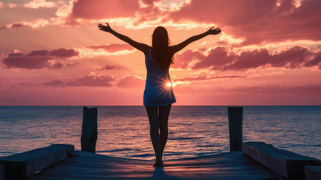 A woman standing on a dock with her arms outstretched, AIの素材