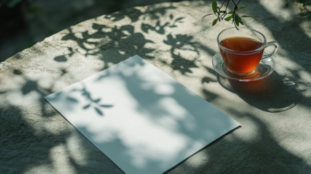A cup of tea and a book on the table next to it, AIの素材