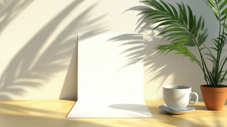 A white blank paper with a plant and cup on the table, AIの素材