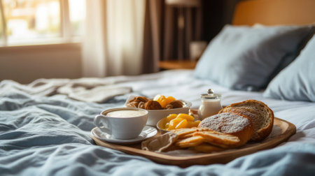 A tray of a breakfast on the bed with coffee and fruit, AIの素材