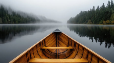 A view of a boat on the water with trees in front, AIの素材