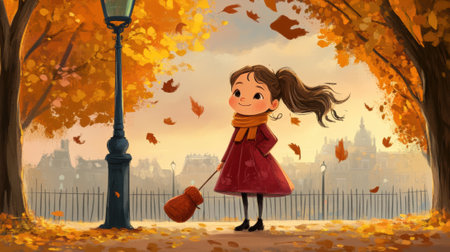 A cartoon girl with a violin under an umbrella in the fall, AIの素材