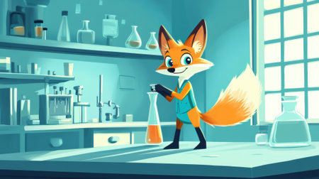 A cartoon fox standing in a lab with bottles and chemicals, AIの素材