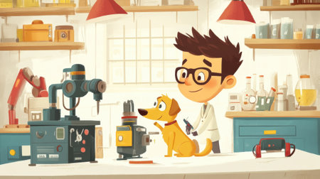 A cartoon boy and dog in a lab with various tools, AIの素材